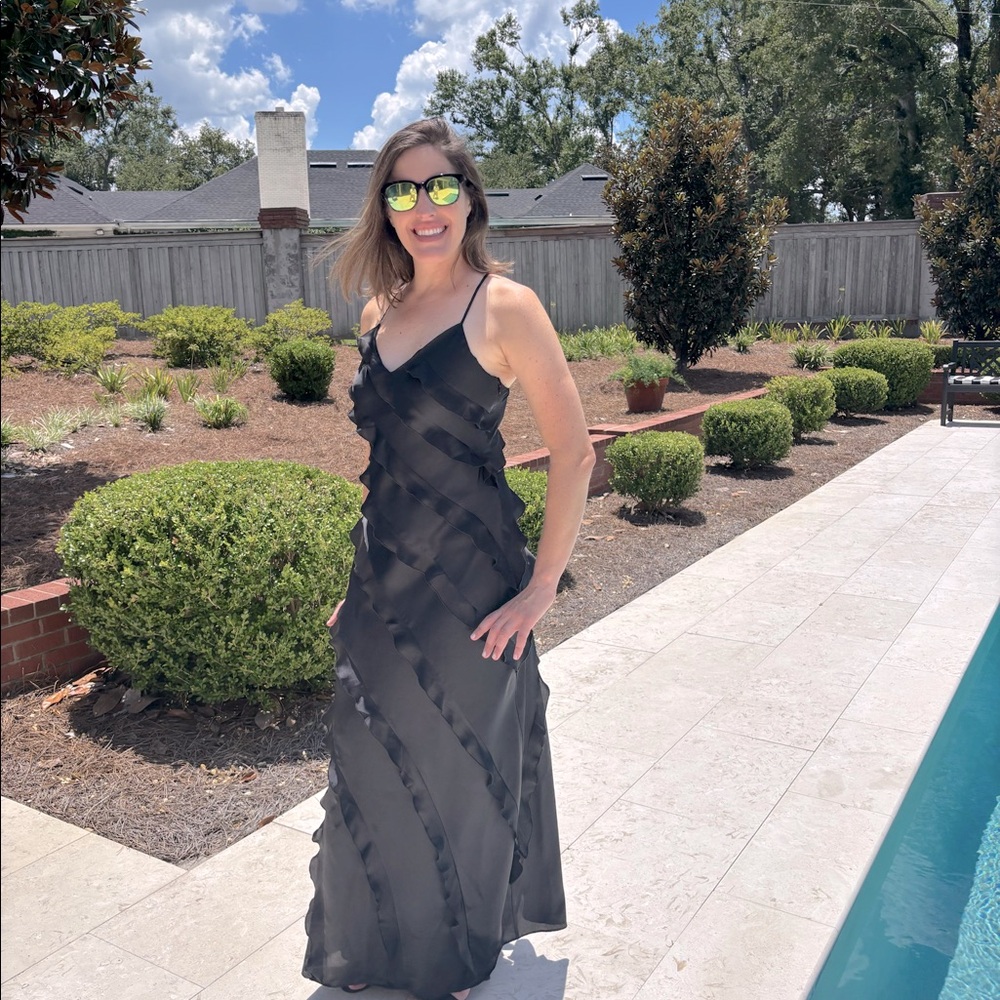 Show Me Your Mumu Romance Ruffle Dress in Black Luxe Satin Sz M